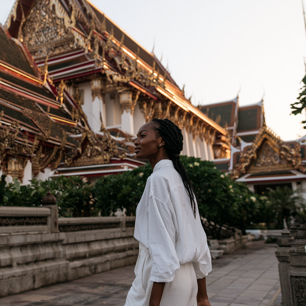 Black woman exploring a traditional temple complex in Bangkok, Thailand