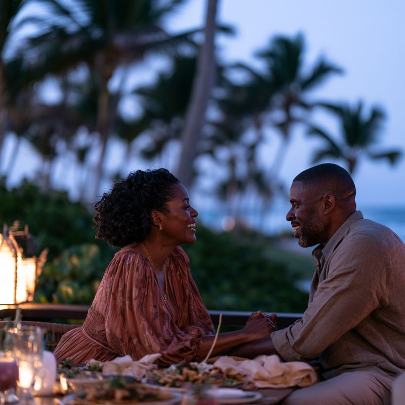 Black couple enjoying an intimate evening together during a Dominican Republic getaway